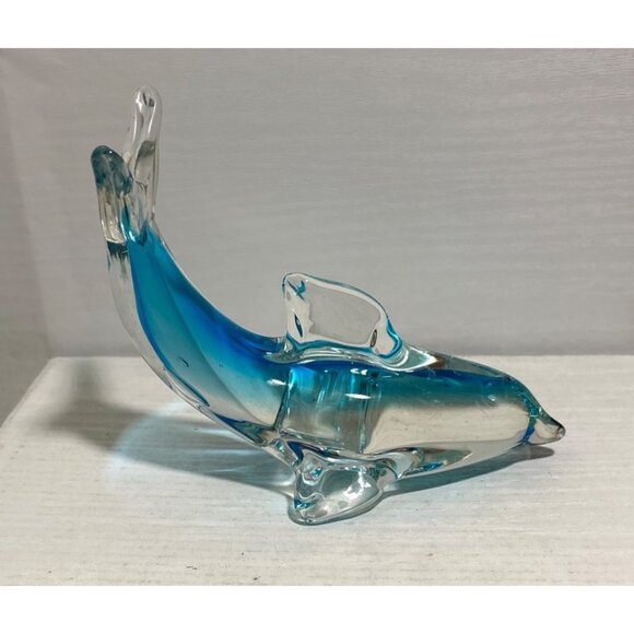 Hand Blown Glass Dolphin Figurine Paperweight Blue & Clear 6" Beach Nautical - Picture 4 of 7